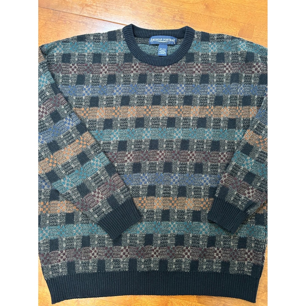 American Portrait Sweater Mens 2XL Multicolor Geometric Knit Crewneck Acrylic
